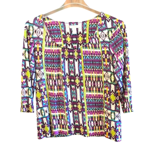Chico's 2 Multicolor Geometric Women's Blouse Size 12 (M) 3/4 Sleeve Pullover - Picture 8 of 9